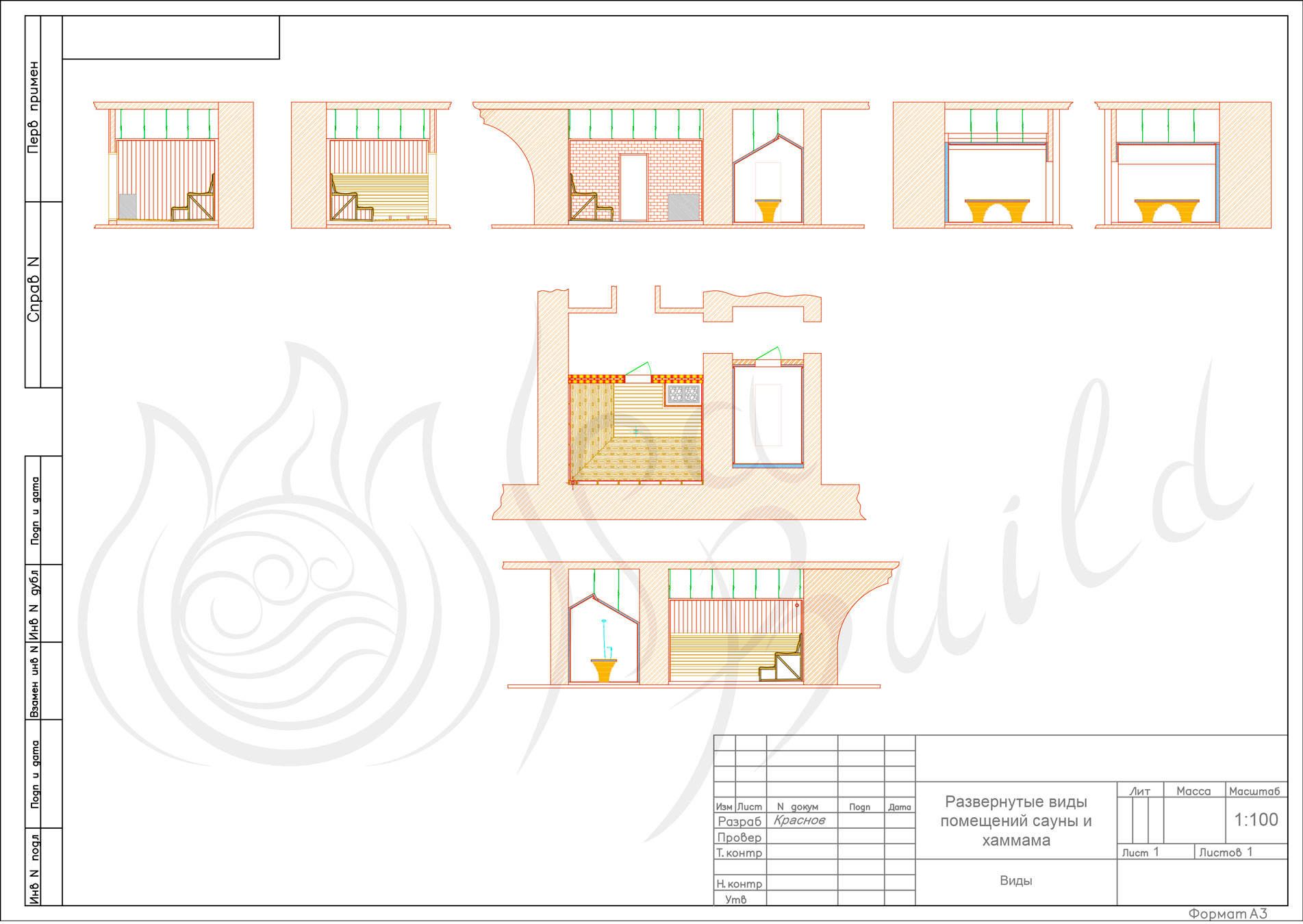Проект сауны, развертка помещения сауны, чертеж бани